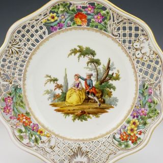 Antique Dresden Porcelain - Hand Painted Courting Couple Plate - Pierced Borders 2