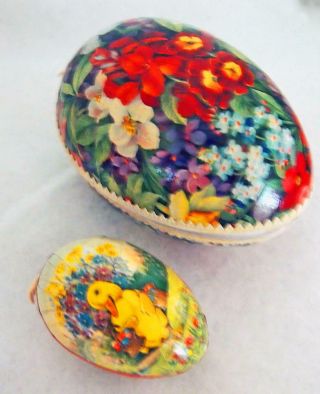 2 Vintage German Paper Mache Easter Egg Candy Containers Chickens W/ Baskets Flo