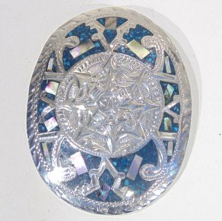 Vintage Mexico Sterling Silver Mayan Calendar Sun Turquoise Abalone Chip Brooch
