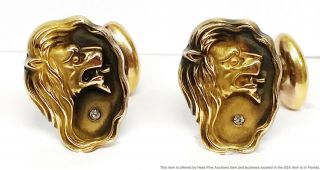 Antique Art Nouveau 14k Yellow Gold Fine Old Cut Diamond Mens Lion Cufflinks