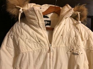 Vintage 80s 90s Snuggler Ski Snow Suit White W/ Rhinestones,  Fur Hood 12