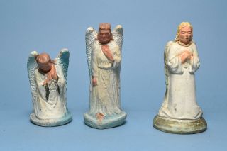 Vtg Mid Century Christmas Manger Nativity Chalkware Angels