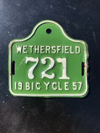 Connecticut Wethersfield - Vintage Bicycle License Plate Tag 1957