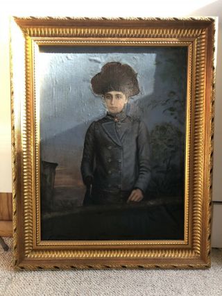 Large Antique Victorian Oil (?) Painting Portrait Lady With Revolver Gun