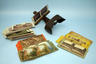 Vintage Wooden Handheld Stereoscope Stereo Slide Viewer & 38 Vintage Photos