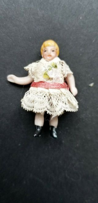 Antique German Jointed Bisque Girl Doll 1 3/4 " Tall Dressed In Lace Dress