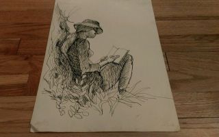 Vintage Pen Ink Sketch Of Woman Wearing Hat Sitting Under A Tree Reading Book