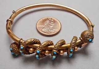 Antique Victorian Gold Filled Etruscan Style Bangle Bracelet W/ Tiny Turquoise
