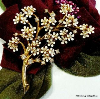 Vintage 3 " Marvella Brooch Gold Tone Floral Flowers White Enamel Rhinestones