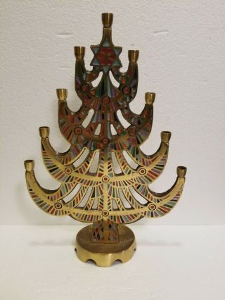 Vintage 1965 Terra Sancta Brass Enamel Multi - Color Menorah Tree Candle Holder
