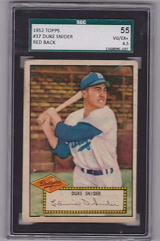 1952 Topps Duke Snider 37,  Hof,  Sgc 55 Vg/ex,  4.  5,  Dodgers