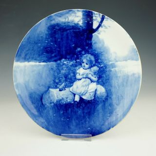 Antique Doulton Burslem China - Blue Children - Flow Blue & White Cabinet Plate