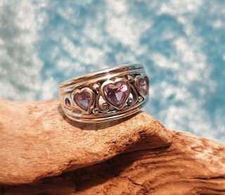 Vintage 925 Solid Sterling Silver And Amethyst Triple Heart Ring Hallmarked 1998
