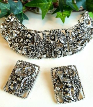 Vintage Sarah Coventry Silver " Garden Party " Flower Bracelet And Clip Earrings