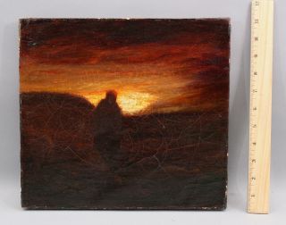Small Antique Signed ?? American Tonalist Sunset & Figure Landscape Oil Painting