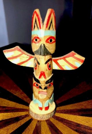 Vintage Totem Pole Mini 4” Wood Carved Hand Made