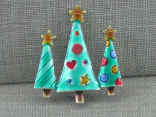 Vtg Ajmc Enamel 3 Christmas Tree Pin Brooch Rhinestone Button Polka Dots Stripes