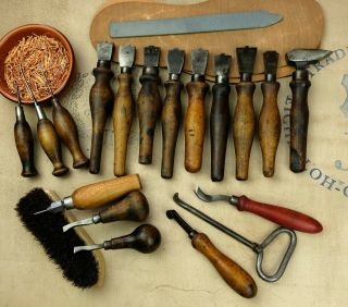Set Of Antique Shoemakers Tools Edge Iron Welting Pegging Awl Fudge Wheel Rasp