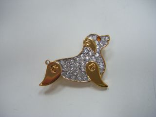 Vintage Monet Dog Pin Brooch Gold Tone Clear Rhinestones Pave Body