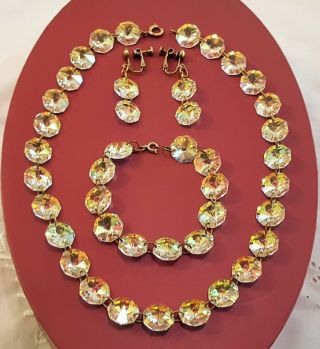 Stunning Vintage Crystal Art Deco Open Back Bezel Set Necklace Earrings Bracelet