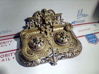 Antique Brass Inkwell Ornate Design - Lion Head - Double Well