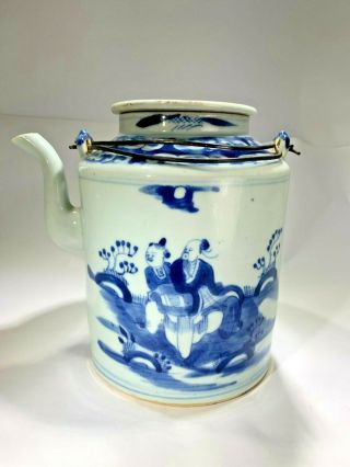 Chinese Antique 19th Century Canton Blue & White Scenic Porcelain Tea Pot