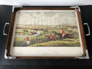 Antique Wooden Serving Tray With Hunting Scene  In Full Cry  By H.  Alken - Rare