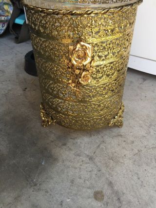 Vintage Matson Roses Gold Ormolu Trash Can Antique Wastebasket Liner Filigree