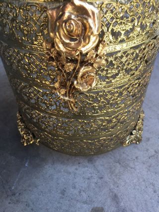 Vintage MATSON ROSES Gold Ormolu Trash Can Antique Wastebasket Liner Filigree 3