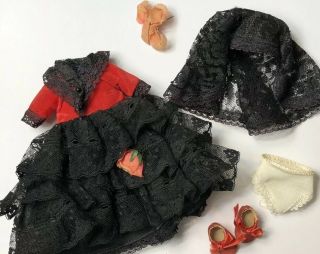 Vintage Vogue Doll Dress Red Black Lace For Ginny Dolls Shoes Veil For 7 1/2”