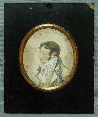 Antique Early Victorian Miniature Portrait Painting Gentleman & Sideburns C1840