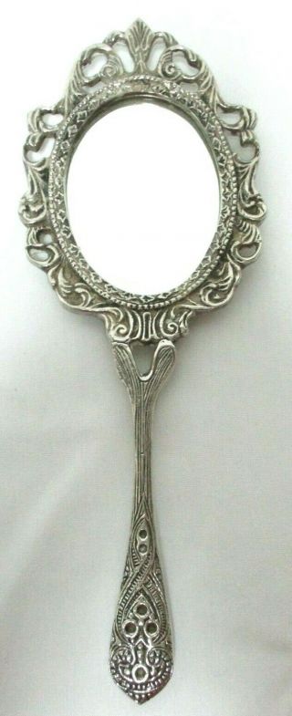 Vintage Silver Plated Ornate Hand Held Vanity Mirror Oval