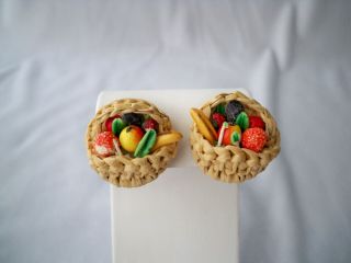 Vintage Made In Western Germany Fruit Salad Woven Basket Clip On Earrings