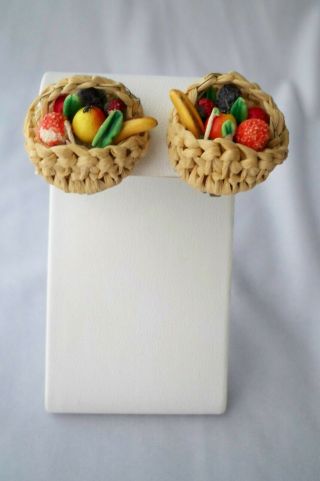 Vintage Made in Western Germany Fruit Salad Woven Basket Clip On Earrings 2