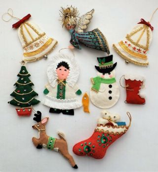 9 Vintage Hand - Crafted Felt,  Sequin & Bead Christmas Ornaments 2 1/2 " - 5 1/2 "