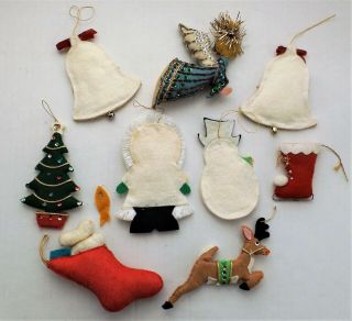9 Vintage Hand - Crafted Felt,  Sequin & Bead Christmas Ornaments 2 1/2 