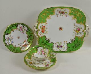 Antique Coalport Green Batwing Trio Cup Saucer Plate & Extra Cake Plate (a)