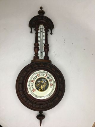 Antique Victorian Hand Carved Wood Wall Barometer W/ Milk Glass Thermometer