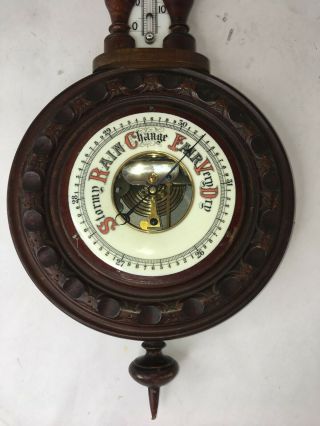 Antique Victorian Hand Carved Wood Wall Barometer w/ Milk Glass Thermometer 2