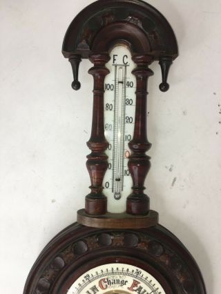 Antique Victorian Hand Carved Wood Wall Barometer w/ Milk Glass Thermometer 3