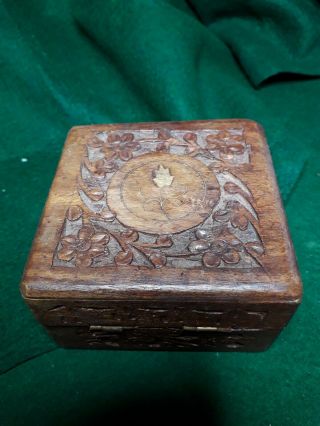 Old Vintage Carved Indian Wooden Jewellery Trinket Box Brass Inlay 10cm Sq