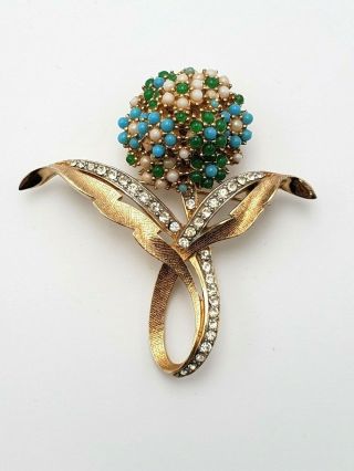Vintage Ciner Gold Tone Faux Pearls,  Turquoise,  & Rhinestone Flower Brooch
