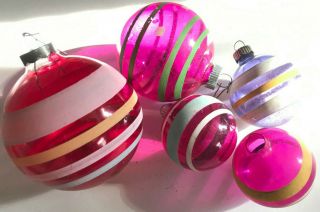 5 Vintage Unsilvered Striped Christmas Ornaments - Made In Usa