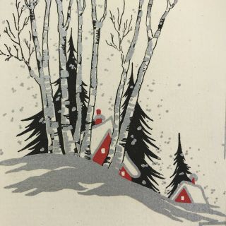Vintage Early Mid Century Christmas Greeting Card Silver Birch Trees Red House