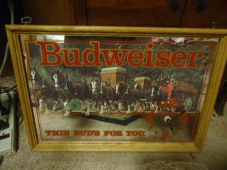 Vintage Budweiser Clydesdales " This Buds For You " Mirror Clock 19 " X 13 " -