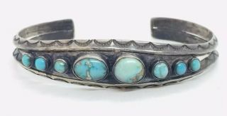 Antique Navajo Native American Sterling Silver Turquoise Row Cuff Bracelet