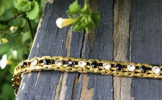 Vintage Tennis Bracelet Rhinestone Black And Clear Gold Tone Metal 7.  5 Inches
