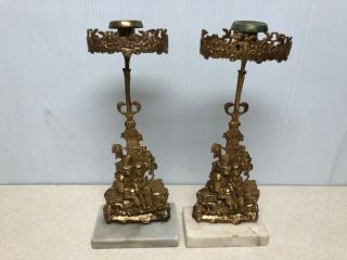 2 Vtg Marble Base Brass Candle Sticks Holders Book Ends Figural Fishing Windmill