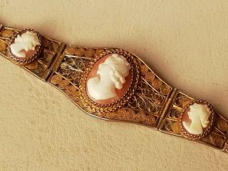 Vintage Jewellery 800 Silver Gilt Filigree And Cameo Bracelet,  Small Size 6.  5