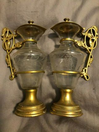 Gorgeous Rare Old Antique Catholic Church Altar Glass & Gold Cruet Set